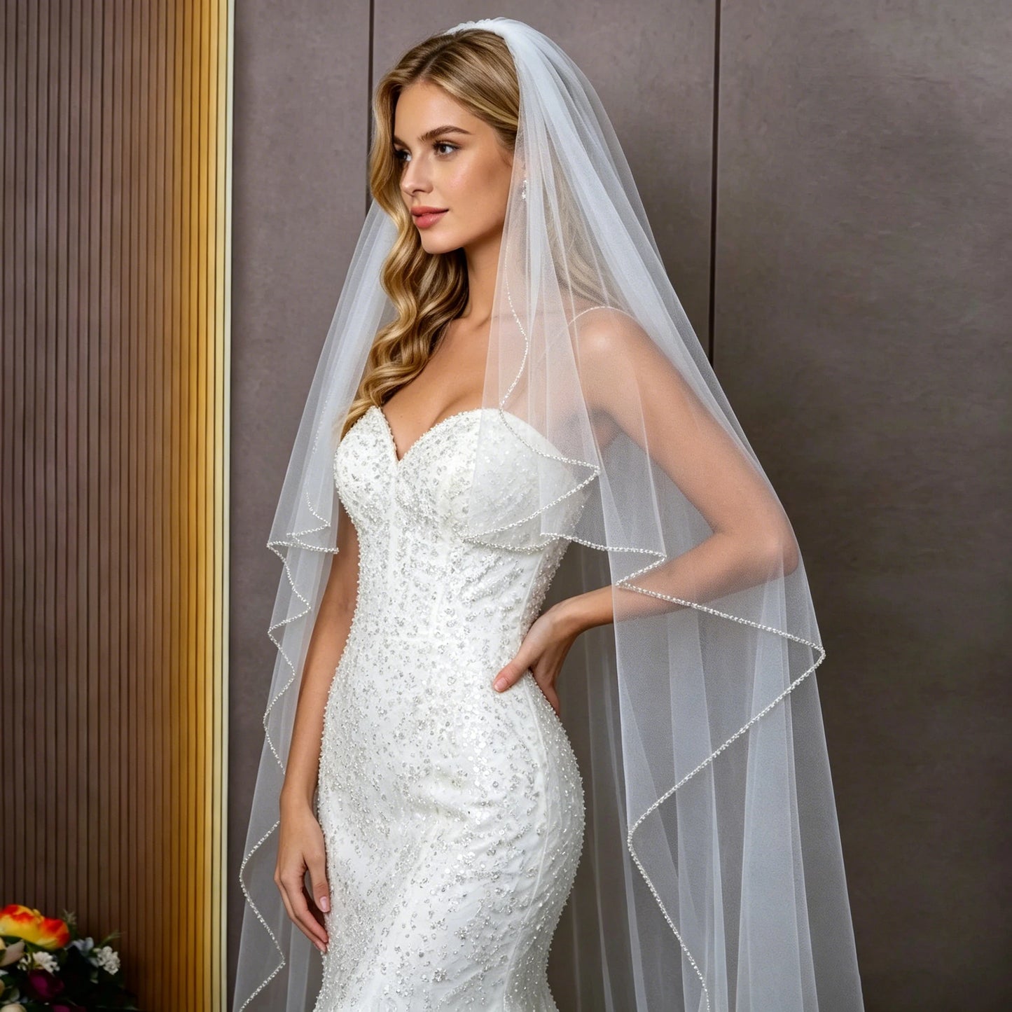 Waltz Length Bridal Veil Crystal Beaded Edge Soft Tulle Wedding Veil with Comb, One-Tier Veil
