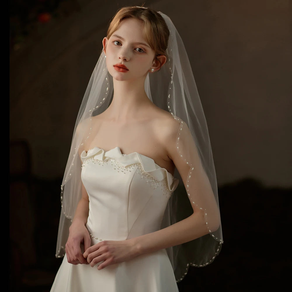 Exquisite Bridal Veil for Wedding Dress One-Layer Handmade Beading Edge