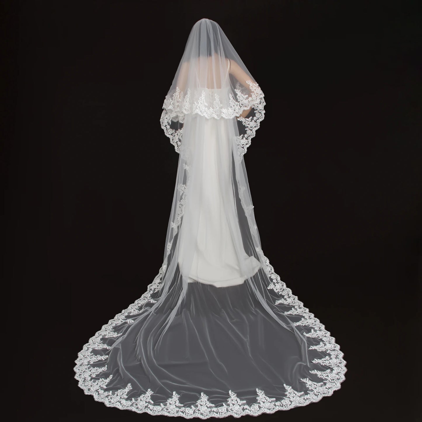 Cathedral Length Bridal Veil with Intricate Lace 2 Tier Wedding Veil