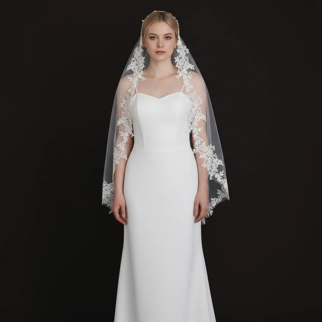Elegant Bridal Veil with Exquisite Floral Lace Trim Soft Tulle Weddin