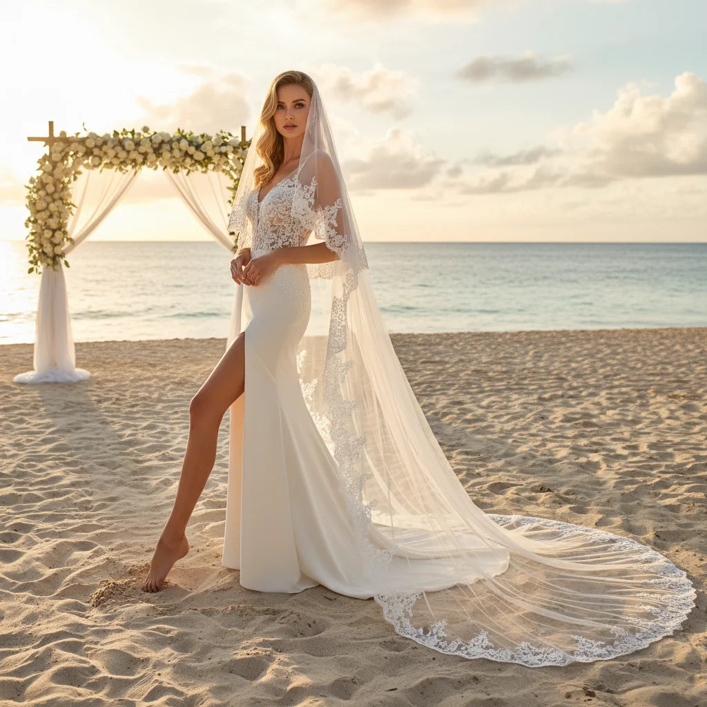 Cathedral Length Bridal Veil with Intricate Lace 2 Tier Wedding Veil