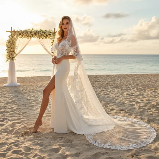 Cathedral Length Bridal Veil with Intricate Lace 2 Tier Wedding Veil