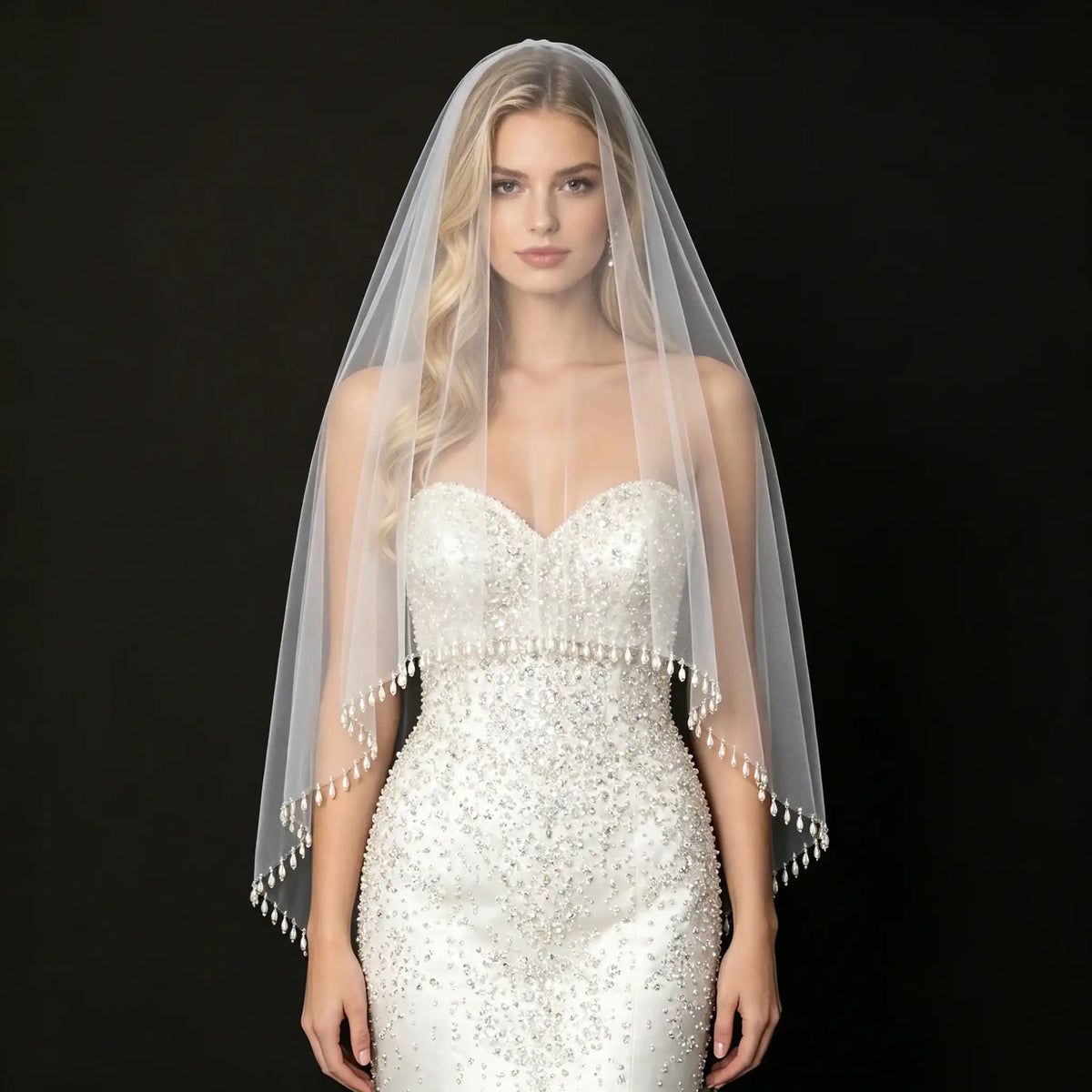 Teardrop Pearl Edge Wedding Veil 2 Tier Fingertip Length Soft Tulle with Comb