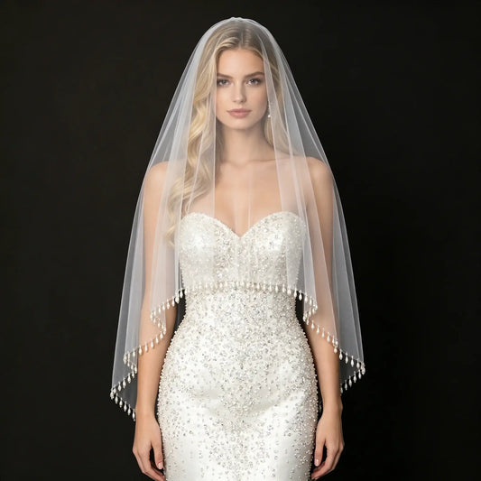 Teardrop Pearl Edge Wedding Veil 2 Tier Fingertip Length Soft Tulle with Comb