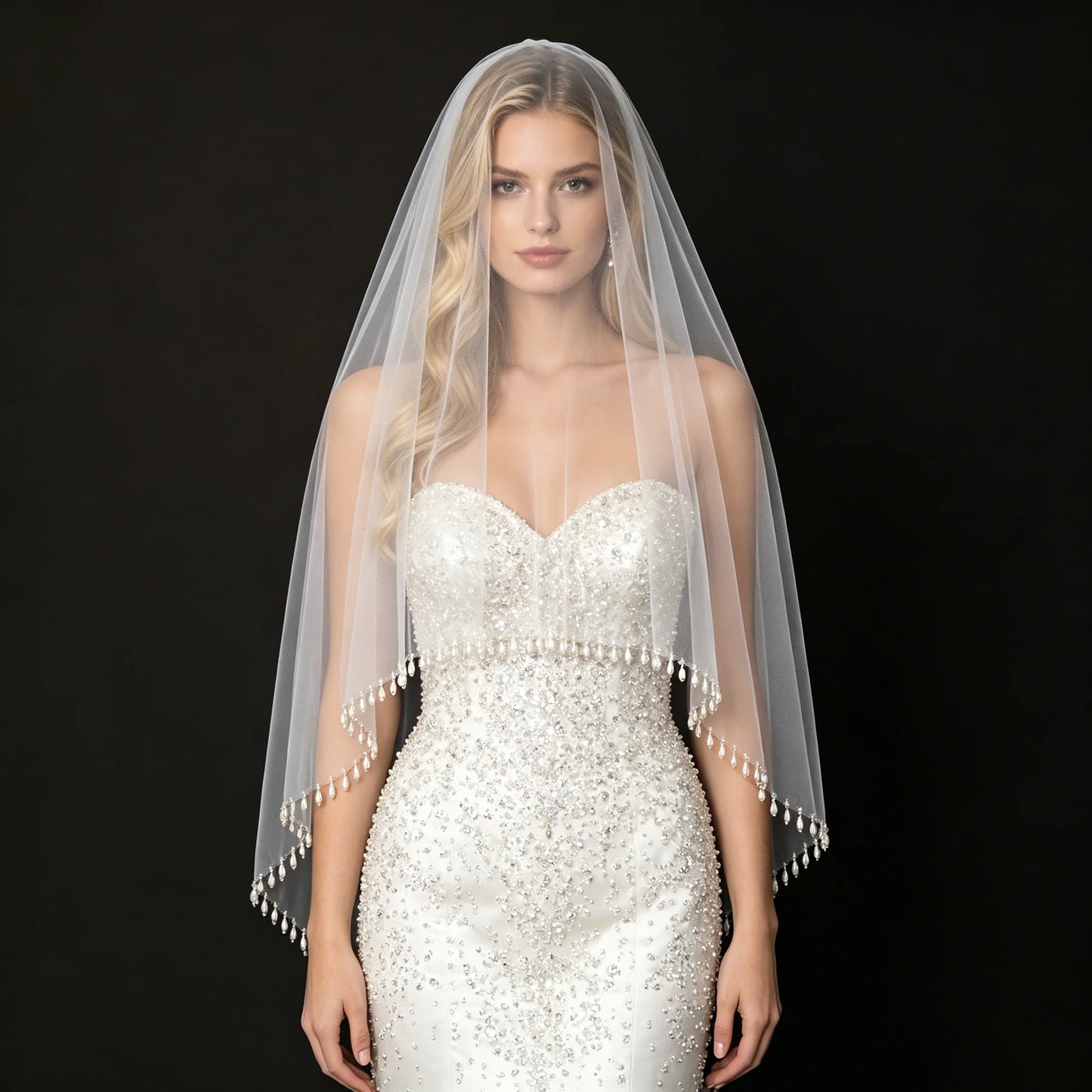 Teardrop Pearl Edge Wedding Veil 2 Tier Fingertip Length Soft Tulle with Comb