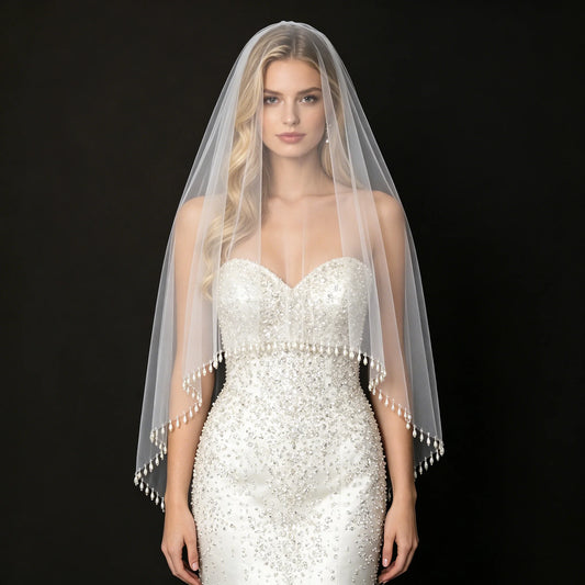 Teardrop Pearl Edge Wedding Veil 2 Tier Fingertip Length Soft Tulle with Comb