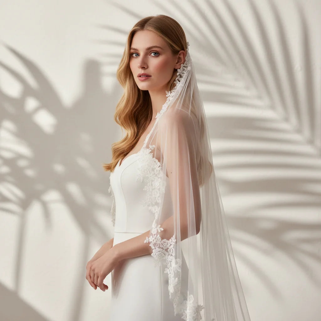 Elegant Bridal Veil with Exquisite Floral Lace Trim Soft Tulle Weddin