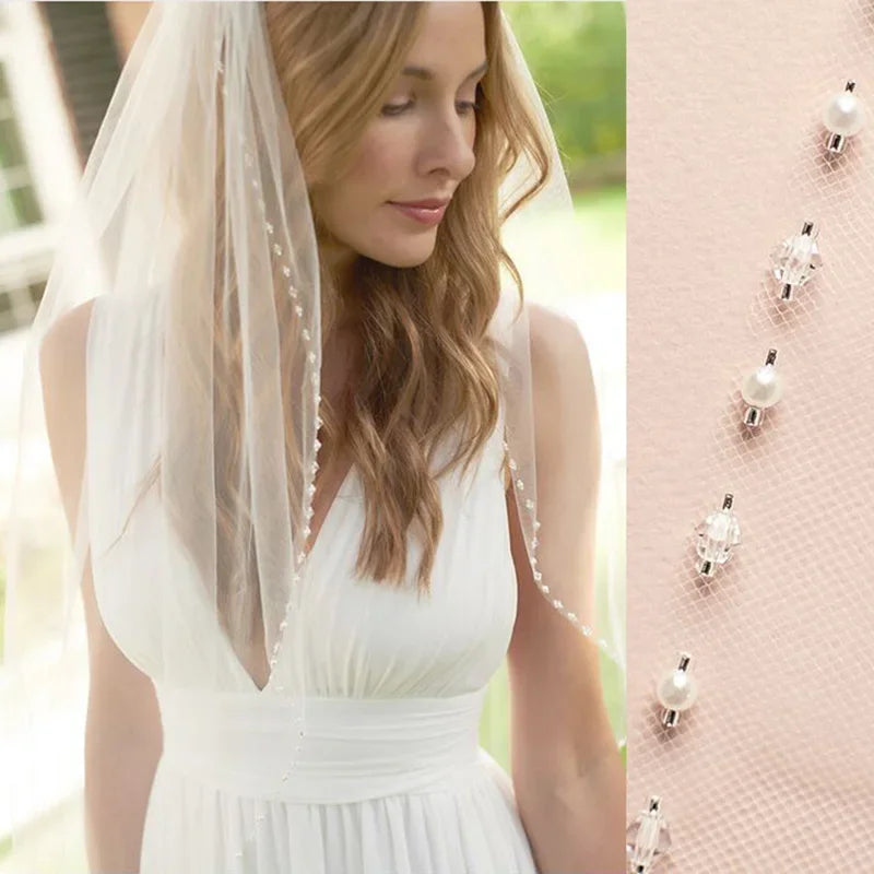 Beautiful White Lvory 1 Tier Fingertip Wedding Veils with Crystal Pearls