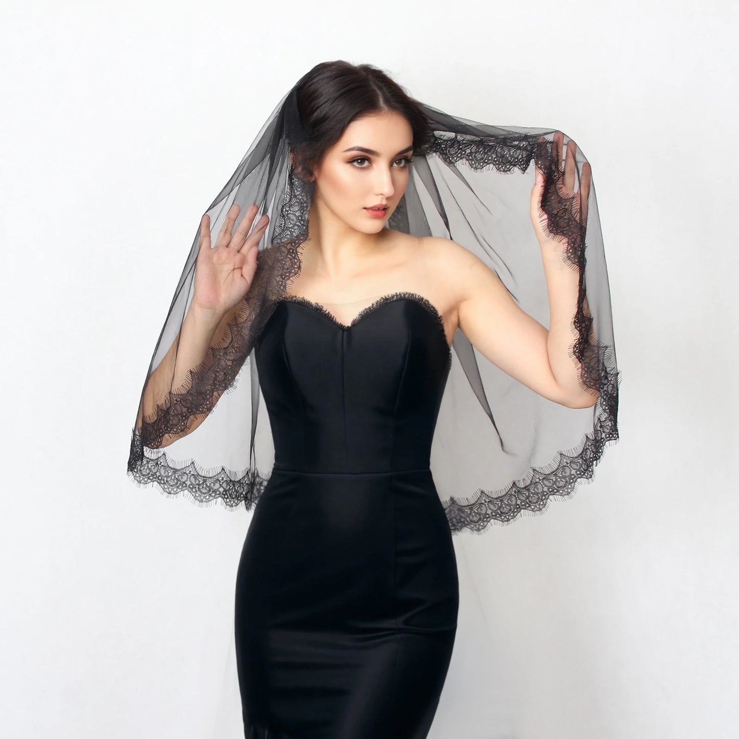 Black Bridal Veil Lace trim 75cm/100cm Hand-stitched