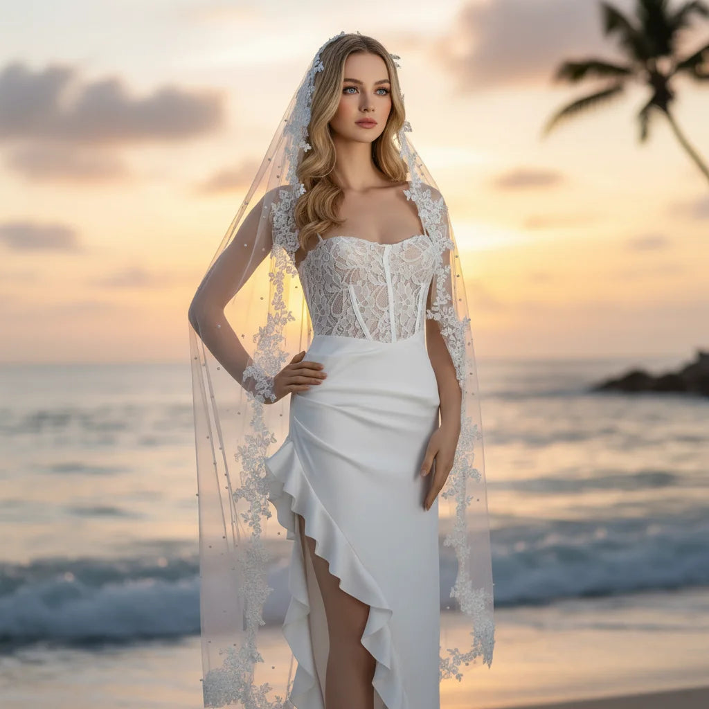 Luxury Wedding Veil for Bride White Tulle Bridal Headpiece with Floral Lace Applique & Pearl Embellishment