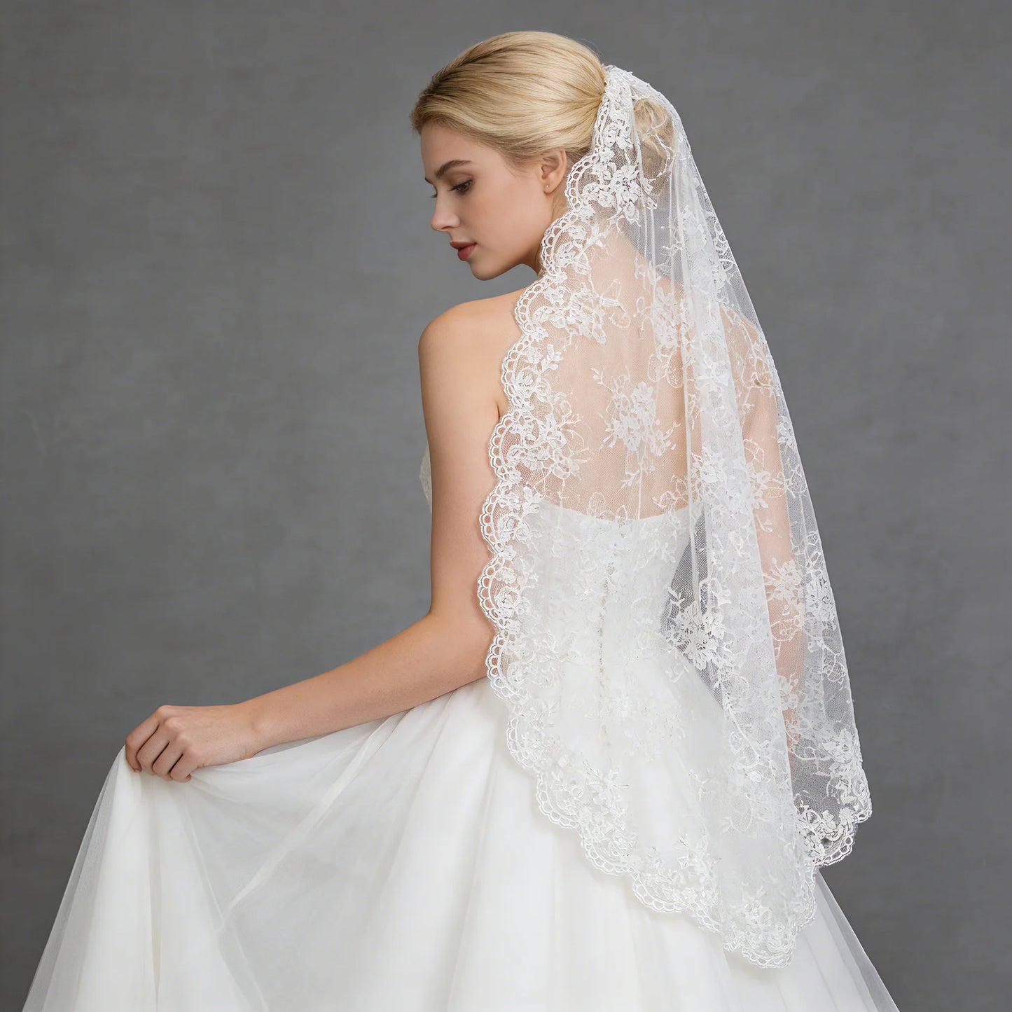 Elegant Spanish Style Bridal Veil Full Lace Trim Sheer Overlay Wedding Veil G159