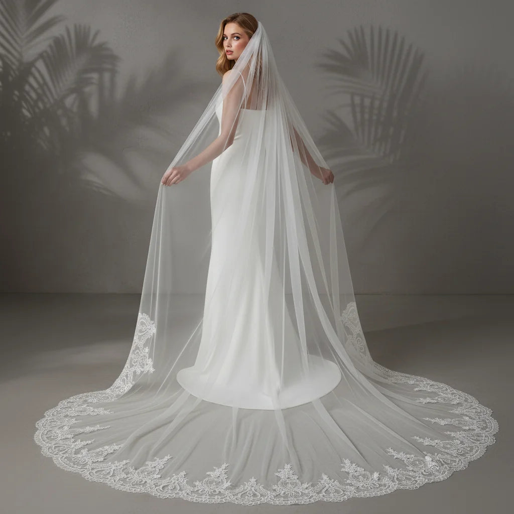 Cathedral Bridal Wedding Veil Lace Trimmed Luxurious 300cm Long Train