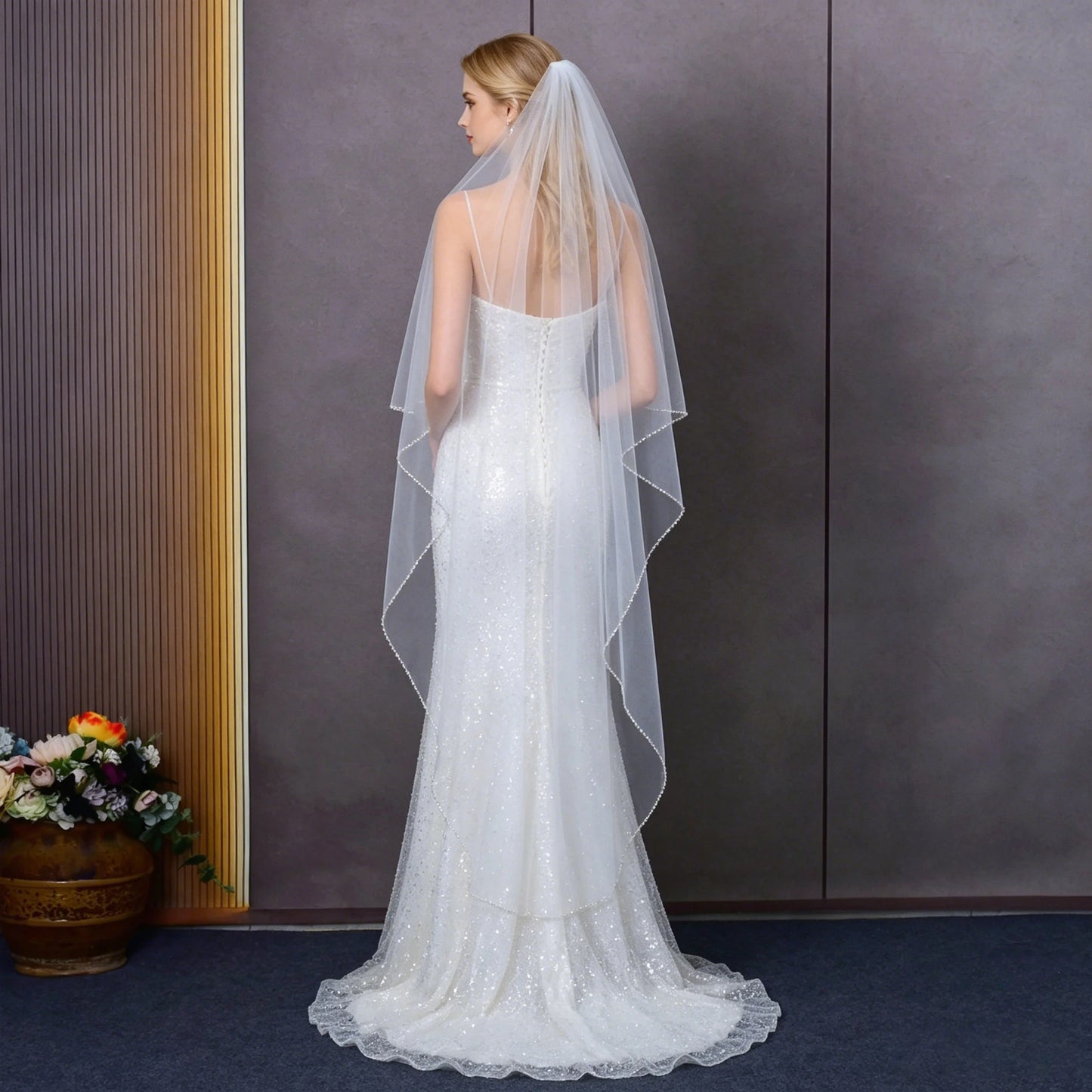 Waltz Length Bridal Veil Crystal Beaded Edge Soft Tulle Wedding Veil with Comb, One-Tier Veil