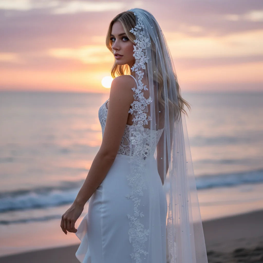 Luxury Wedding Veil for Bride White Tulle Bridal Headpiece with Floral Lace Applique & Pearl Embellishment