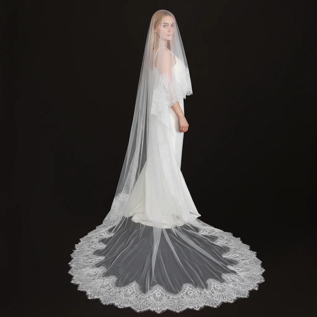 Luxury Cathedral Bridal Veil with Full Lace Trim Long Train Elegant Sheer Wedding Headpiece
