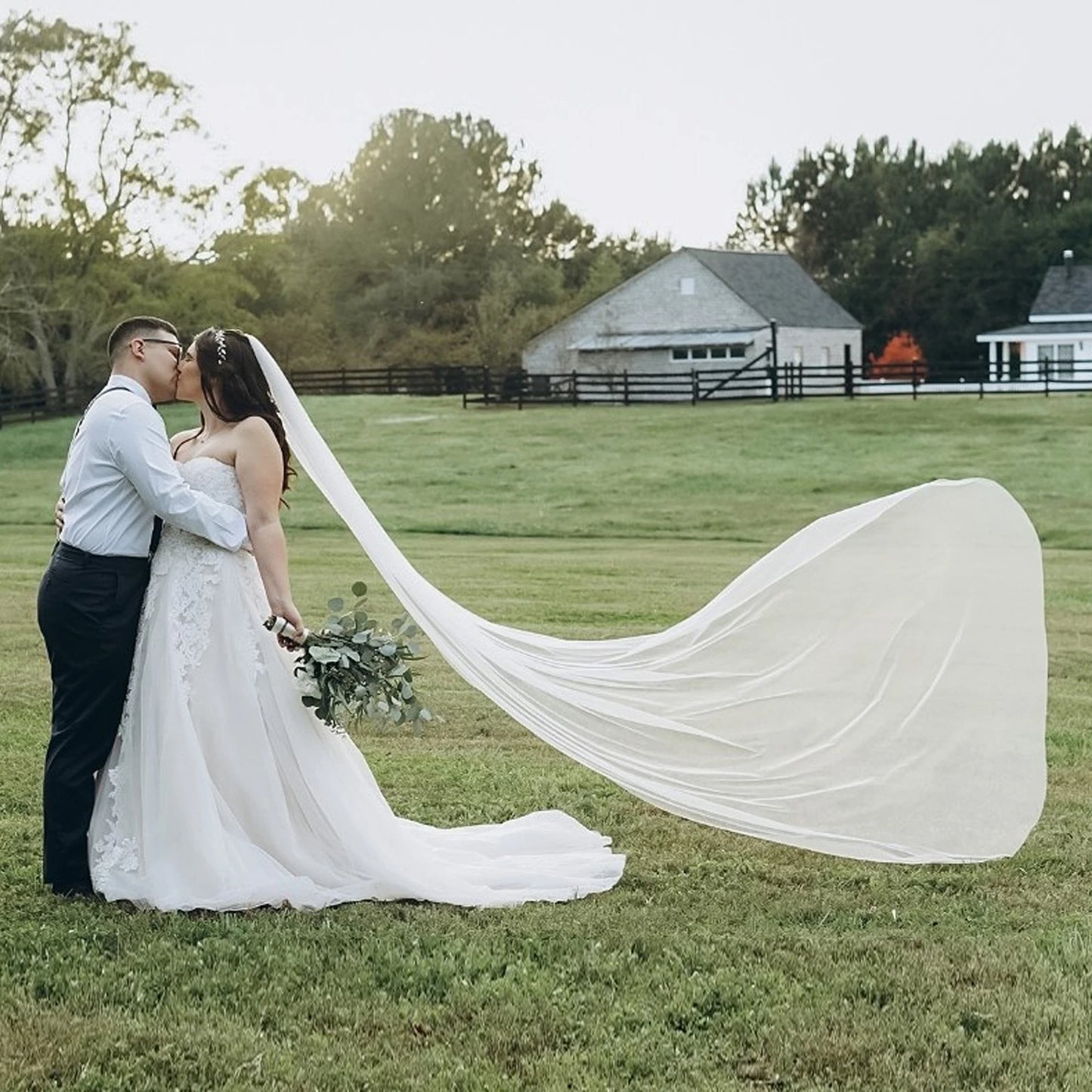Elegant Single Tier Cathedral Wedding Veil with Comb Simple Cut Edge Long Bridal Tulle in Silk White Plain Soft Tulle G30