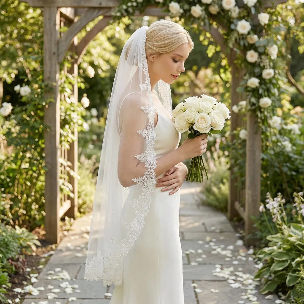 1 Layer Shoulder-Length Bridal Veil with Comb Delicate Floral Lace Embroidery