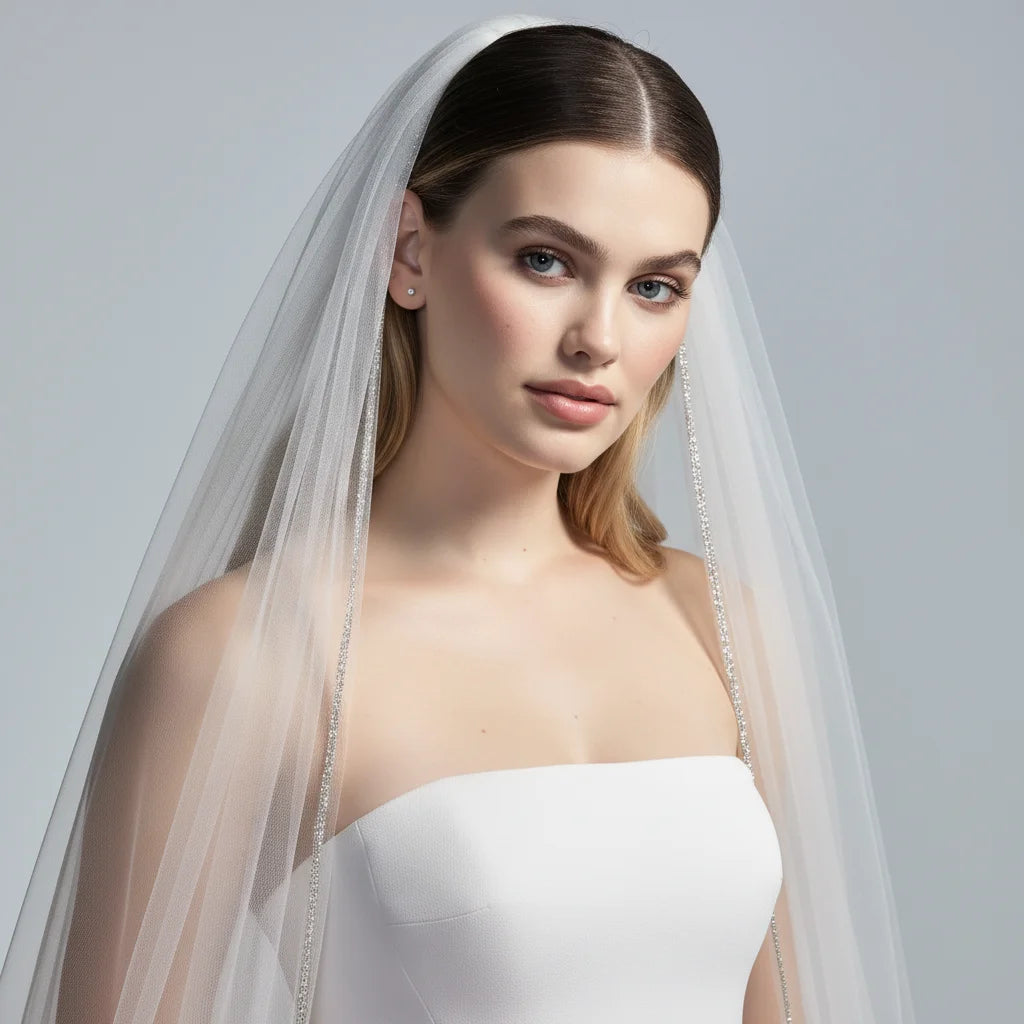 Wedding Veil Sparkling Diamond Chain Edge Bride Veil Rhinestones Long with Comb 1 Tier