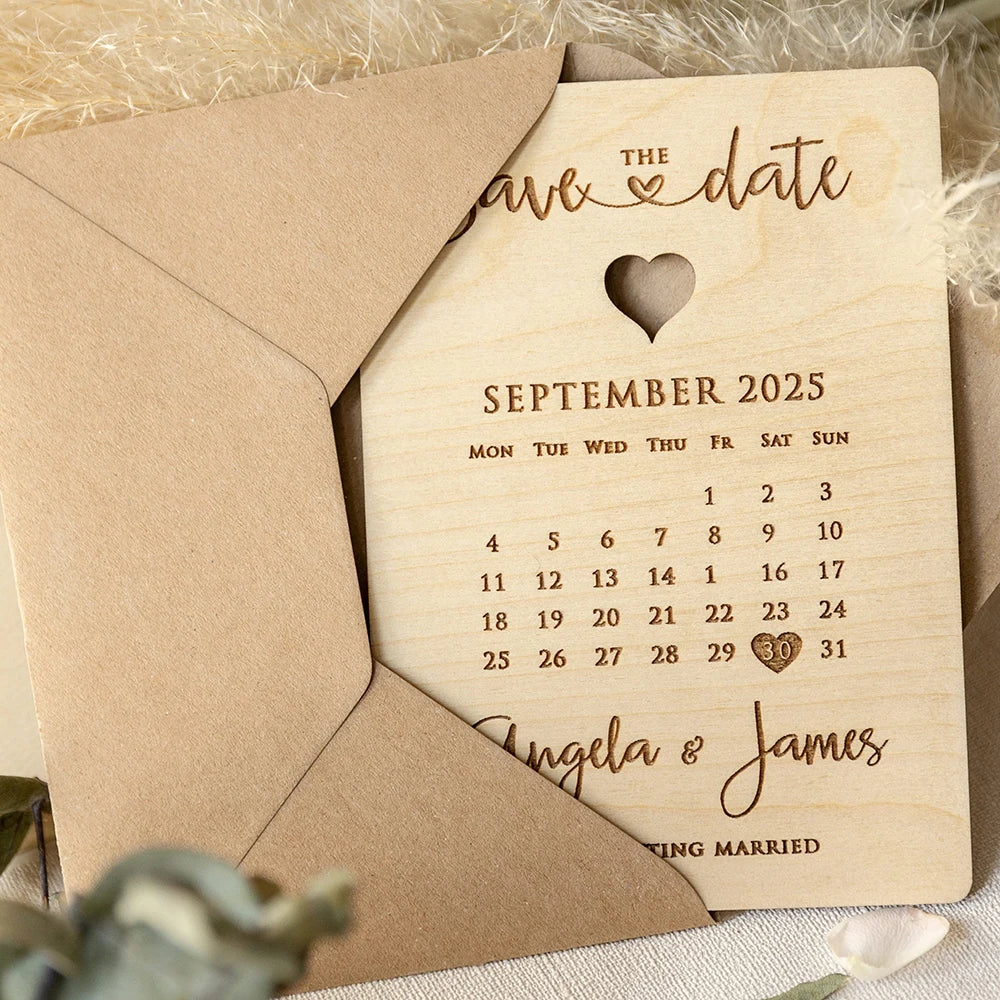 Custom Save The Date Wedding Invitation Laser Cut Wooden/Acrylic  Engraved Date Calendar Save The Date Card with Eco Envelope