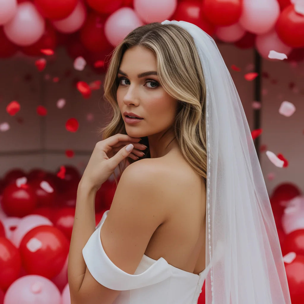 Elegant Crystal-Embellished Single Layer Elbow-Length Wedding Veil with Lace Trim