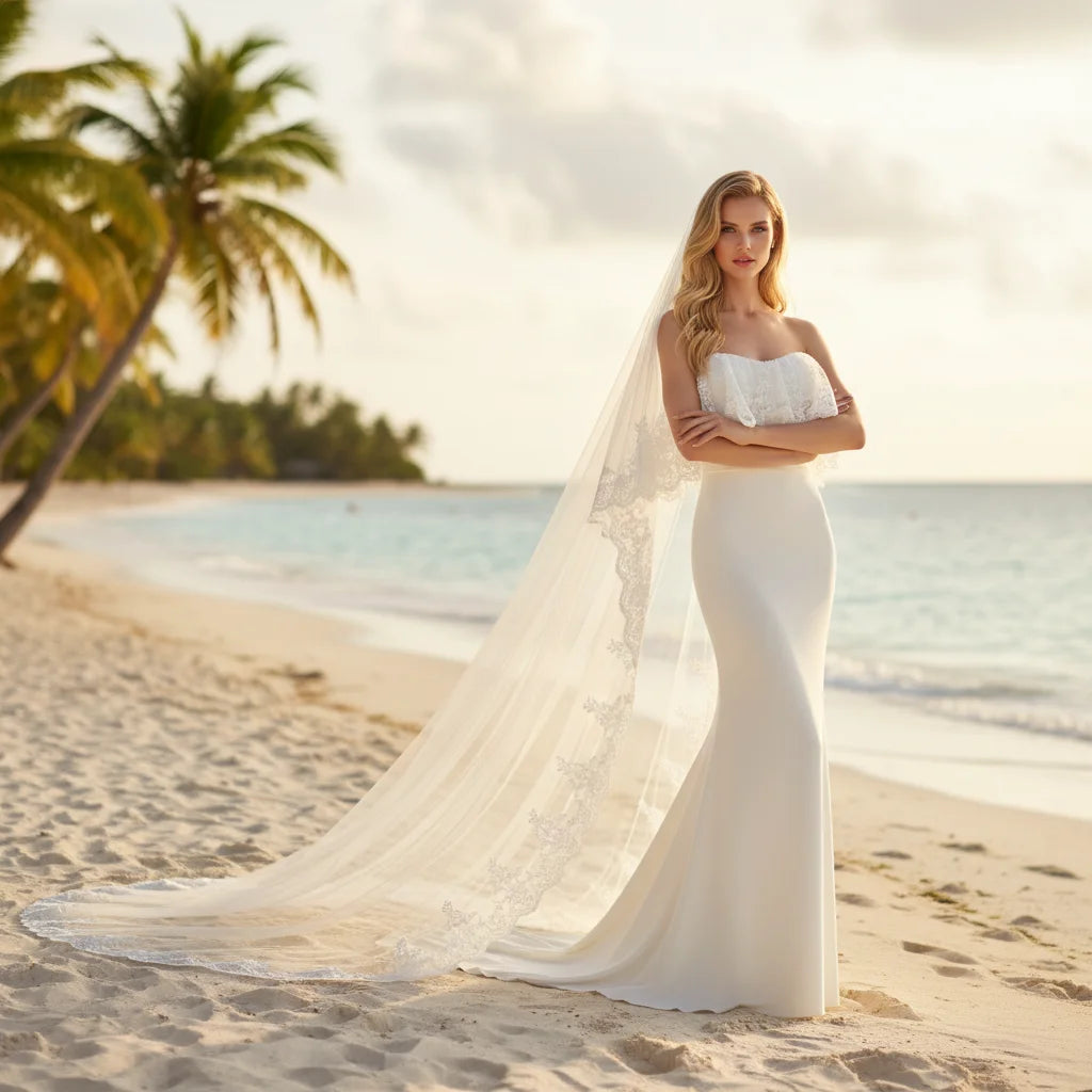 Cathedral Length Bridal Veil with Intricate Lace 2 Tier Wedding Veil
