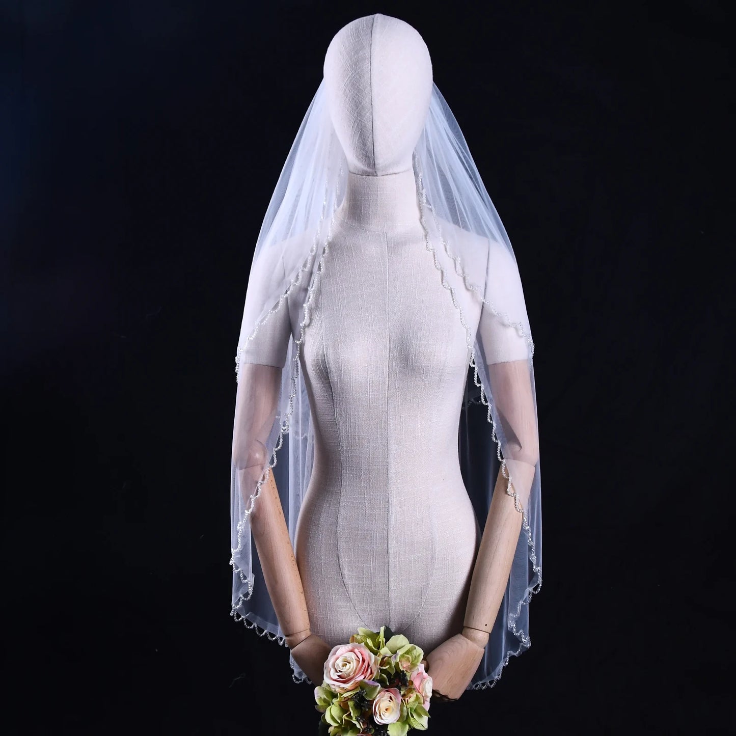 Elegant 2 Tier Wedding Veil with Crystal Edge Bridal Veils Cover Front and Back of Wedding Dresses