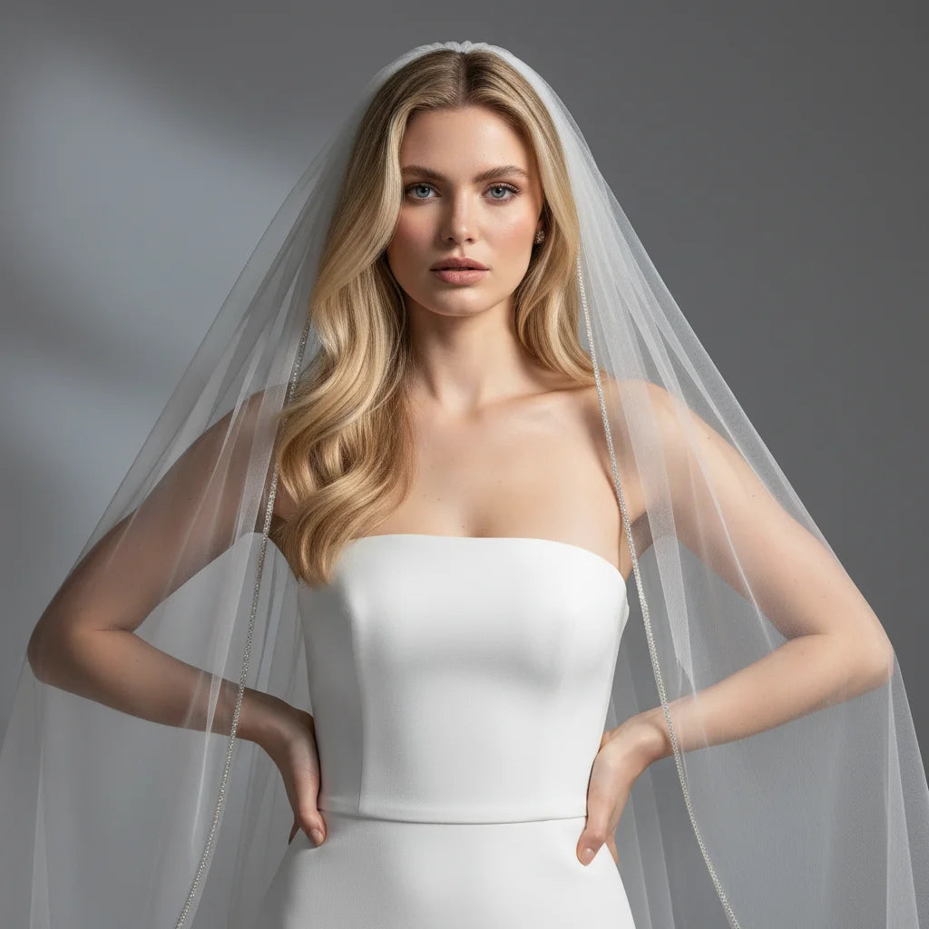 Wedding Veil Sparkling Diamond Chain Edge Bride Veil Rhinestones Long with Comb 1 Tier