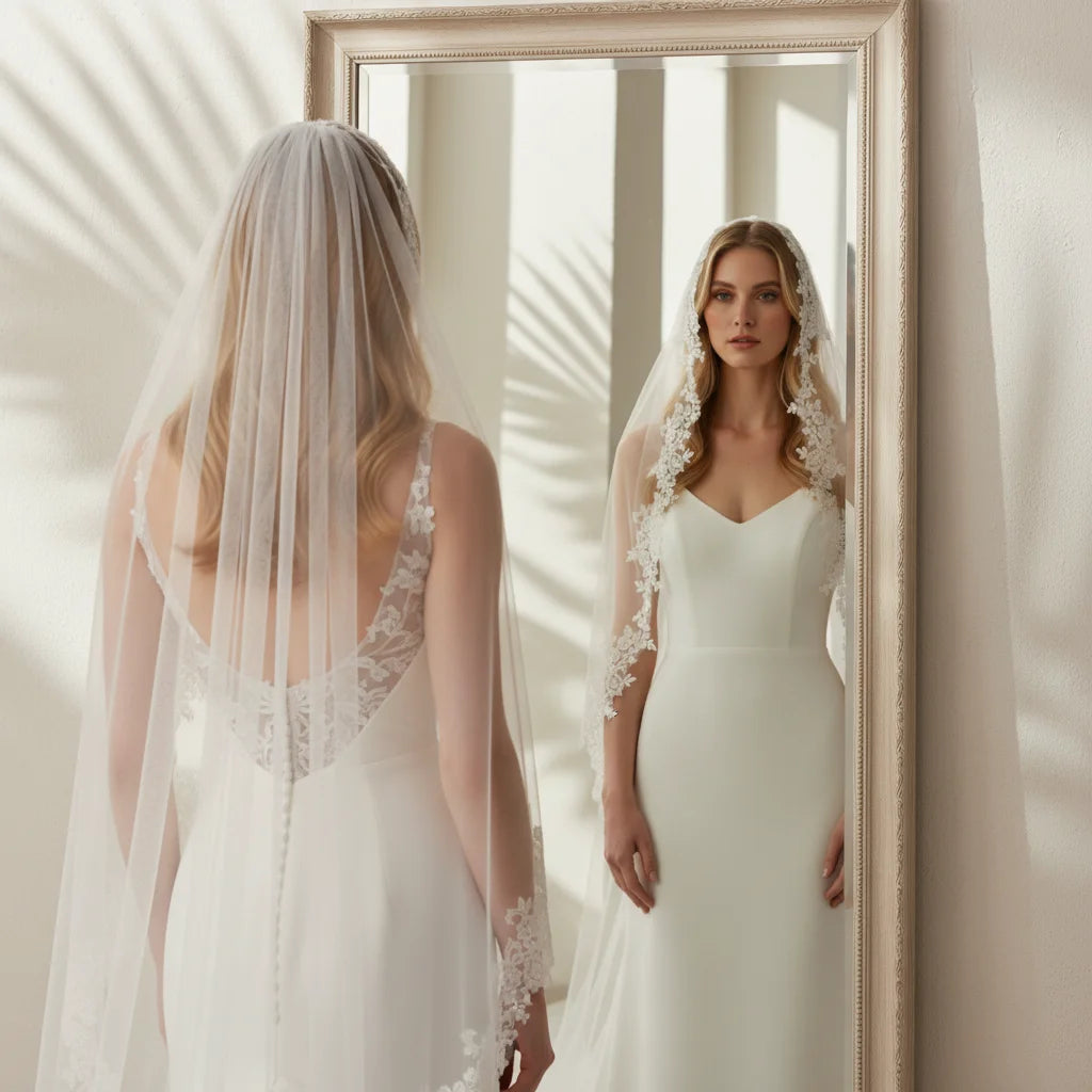 Elegant Bridal Veil with Exquisite Floral Lace Trim Soft Tulle Weddin