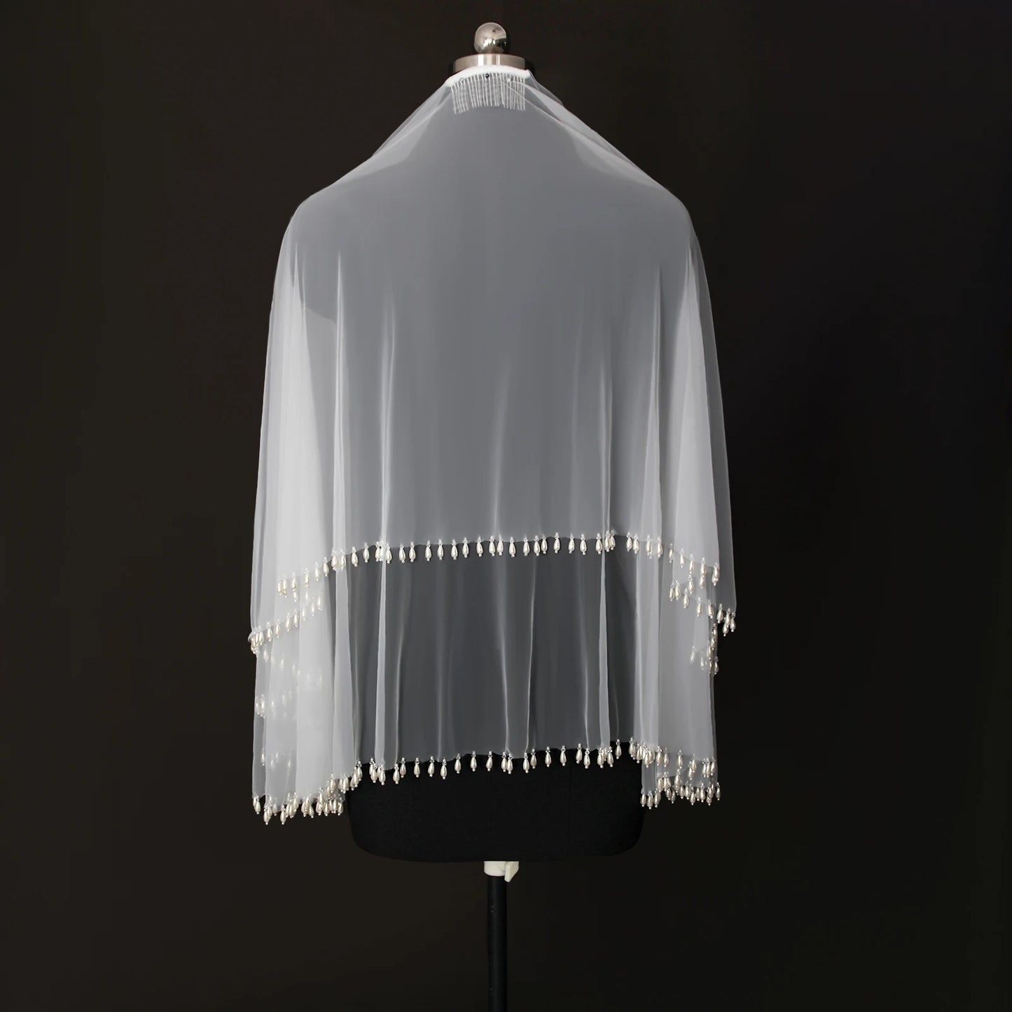Teardrop Pearl Edge Wedding Veil 2 Tier Fingertip Length Soft Tulle with Comb