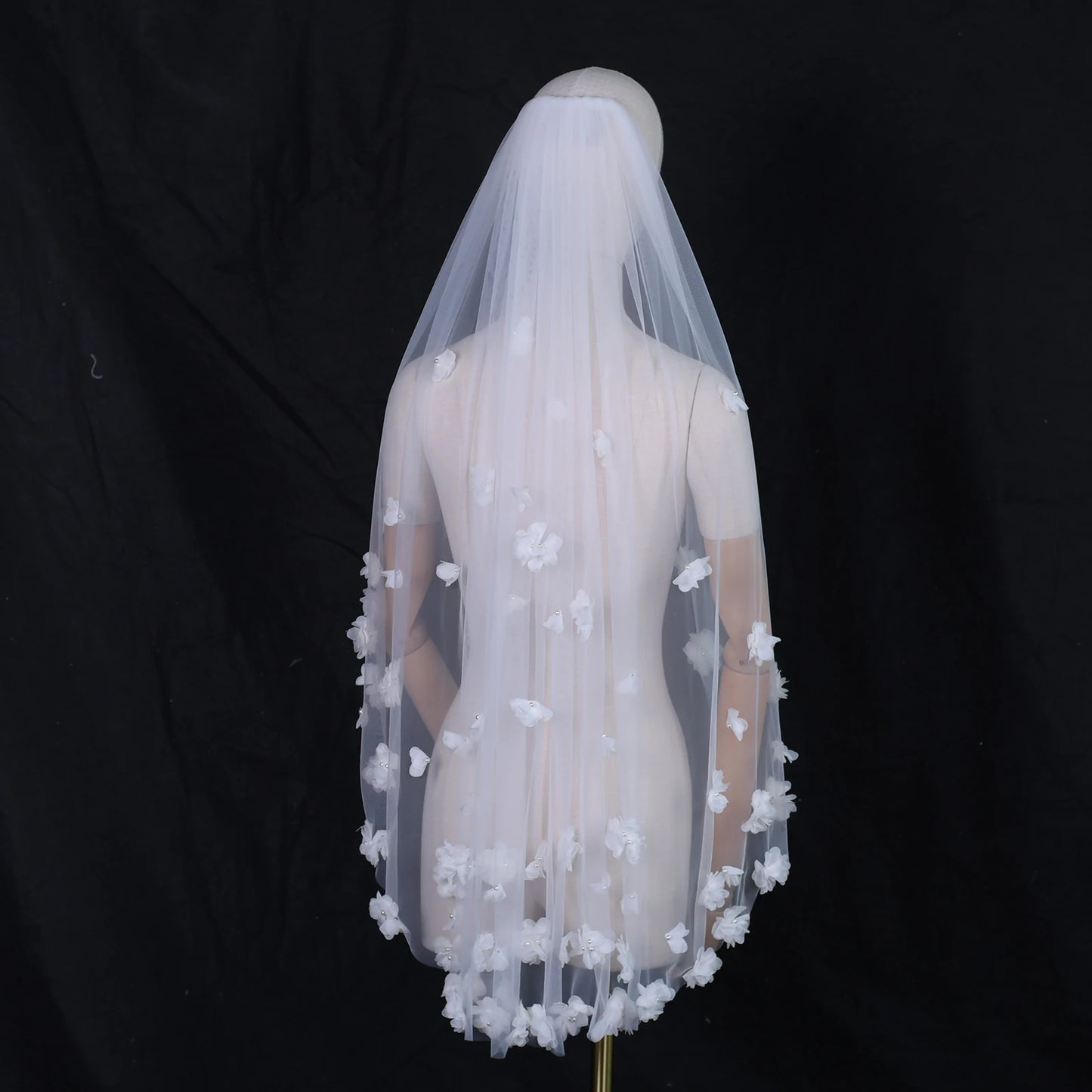 3D Flower Wedding Veil Hip Length Tulle Bridal Veil White Ivory Romantic Elegant
