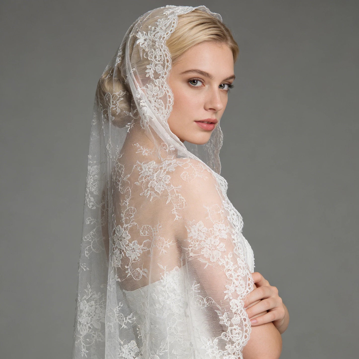 Elegant Spanish Style Bridal Veil Full Lace Trim Sheer Overlay Wedding Veil G159