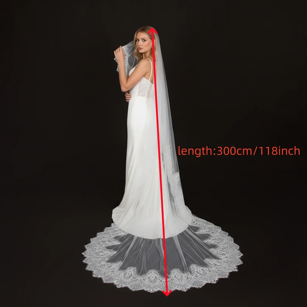 Luxury Cathedral Bridal Veil with Full Lace Trim Long Train Elegant Sheer Wedding Headpiece