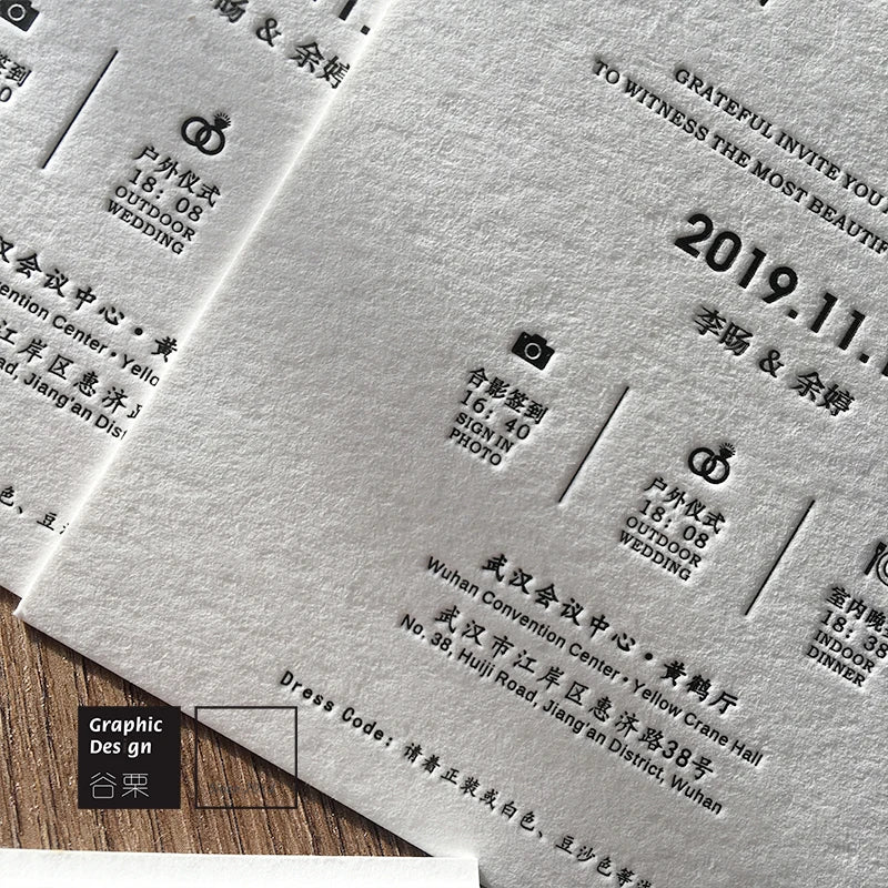 600GSM White Cotton Paper Letterpress Customized Design Top Upscale Wedding Invitation Cards Personalized