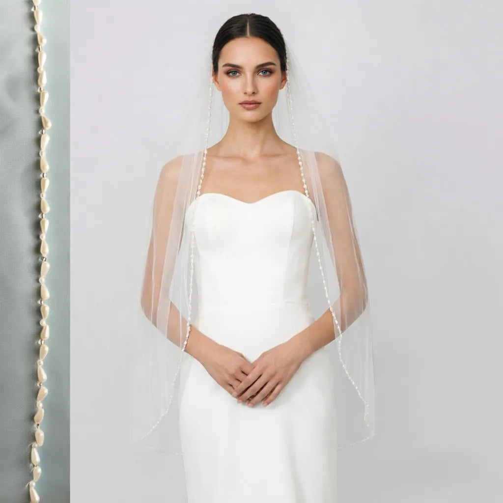 Handmade Pearl Beaded Bridal Veil - Luxury Fingertip Length Soft Tulle Wedding Veil with Delicate Edge Trim