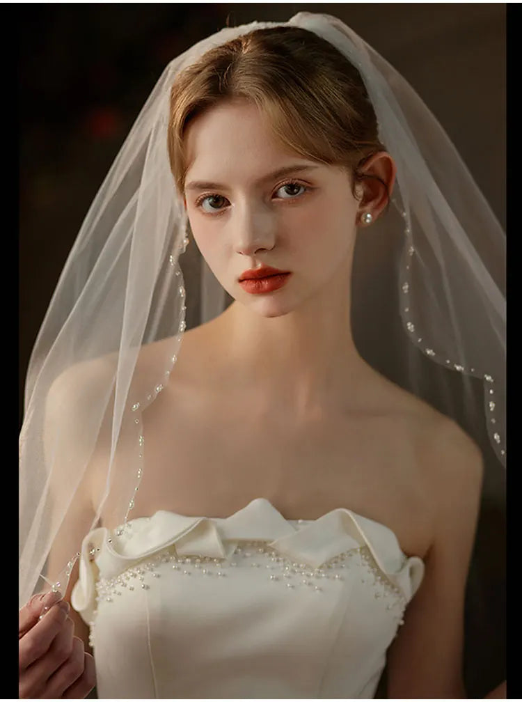 Exquisite Bridal Veil for Wedding Dress One-Layer Handmade Beading Edge