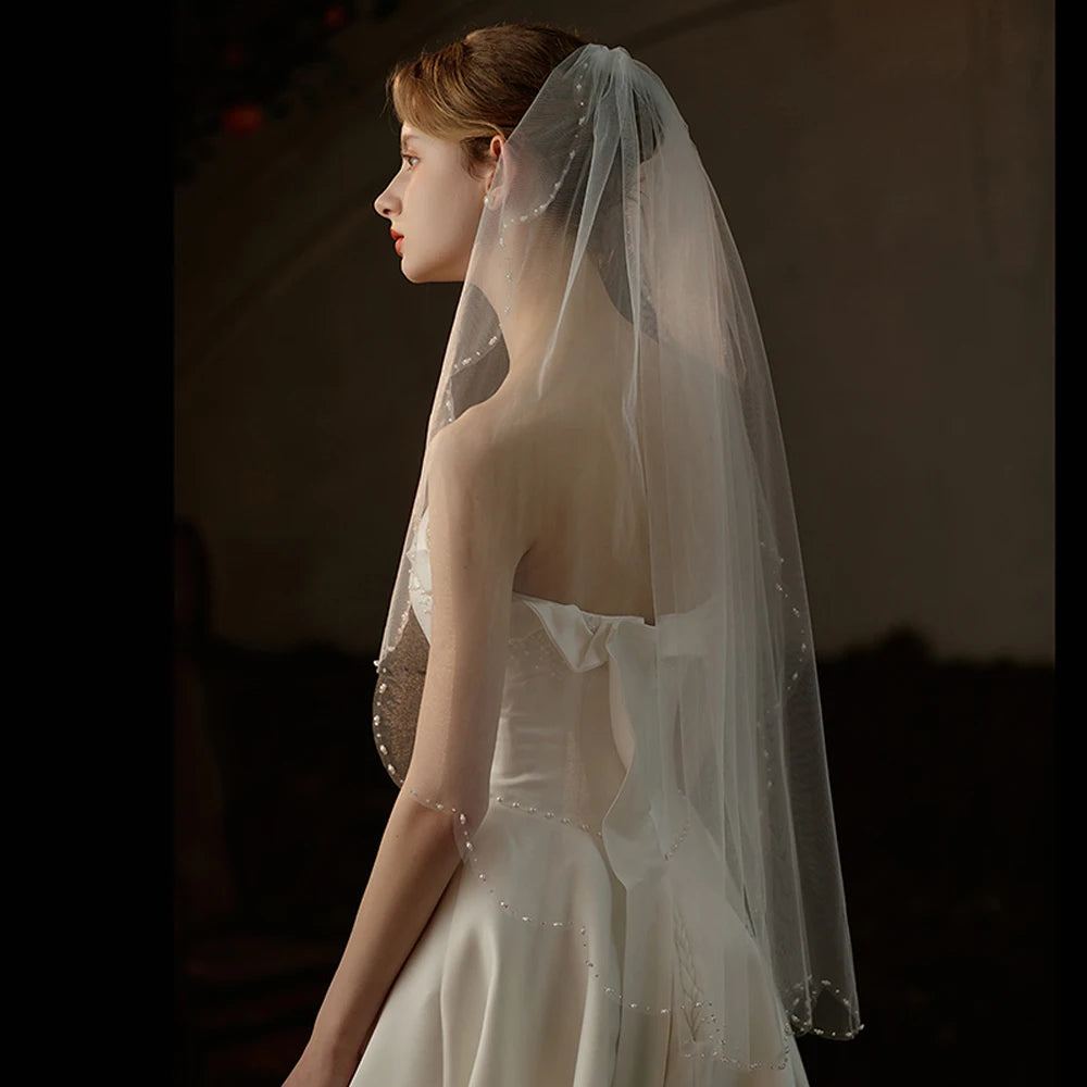 Exquisite Bridal Veil for Wedding Dress One-Layer Handmade Beading Edge