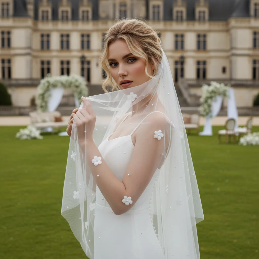 Elegant Bridal Veil with Floral Pearl Embellishments Tulle Wedding Veil for Bride Ceremony Photo Single Layer Lightweight