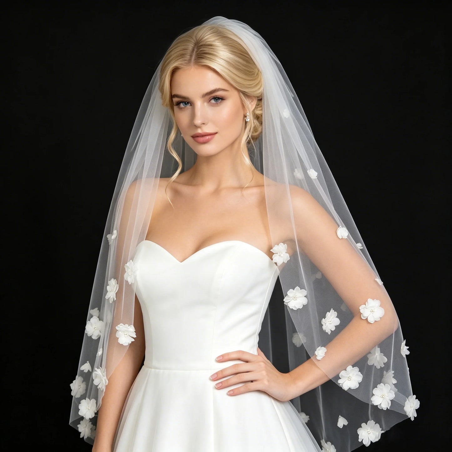 3D Flower Wedding Veil Hip Length Tulle Bridal Veil White Ivory Romantic Elegant