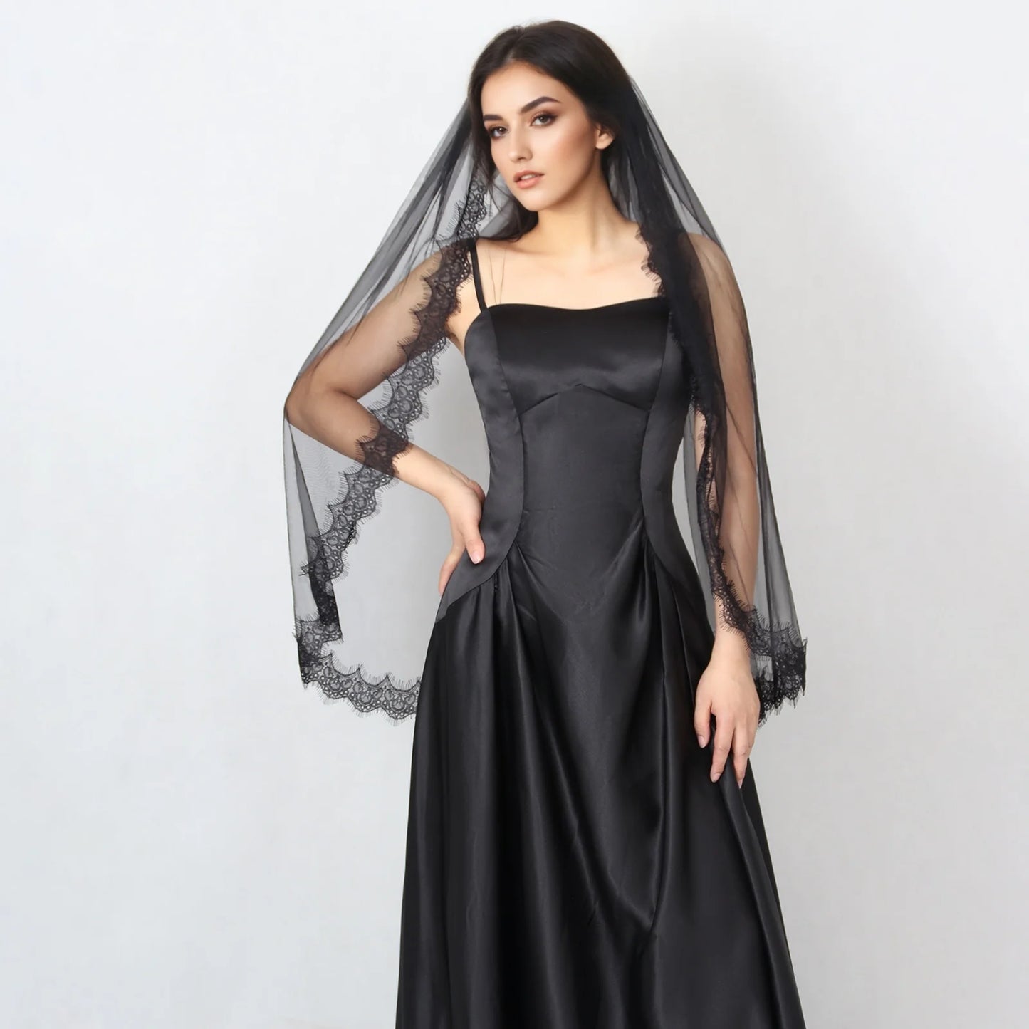 Black Bridal Veil Lace trim 75cm/100cm Hand-stitched
