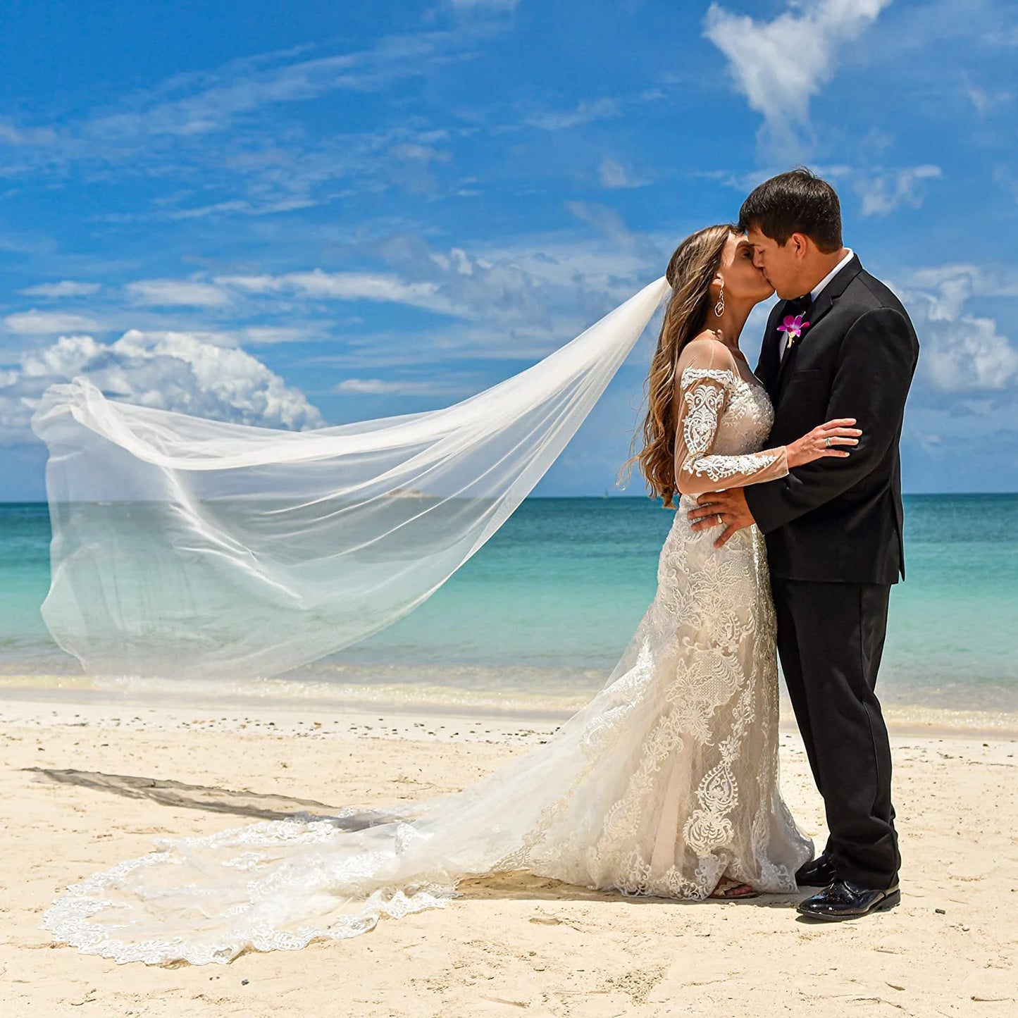 Elegant Single Tier Cathedral Wedding Veil with Comb Simple Cut Edge Long Bridal Tulle in Silk White Plain Soft Tulle G30