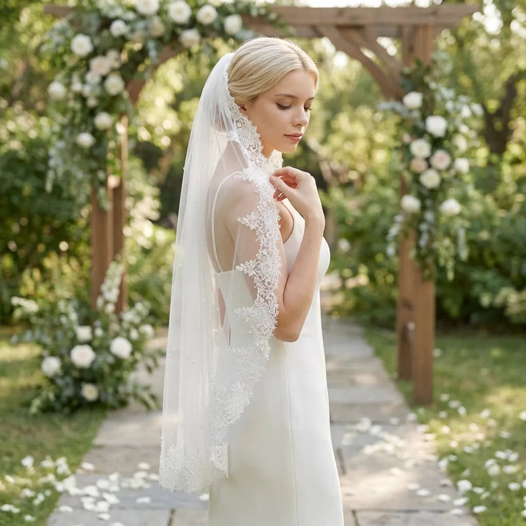 1 Layer Shoulder-Length Bridal Veil with Comb Delicate Floral Lace Embroidery