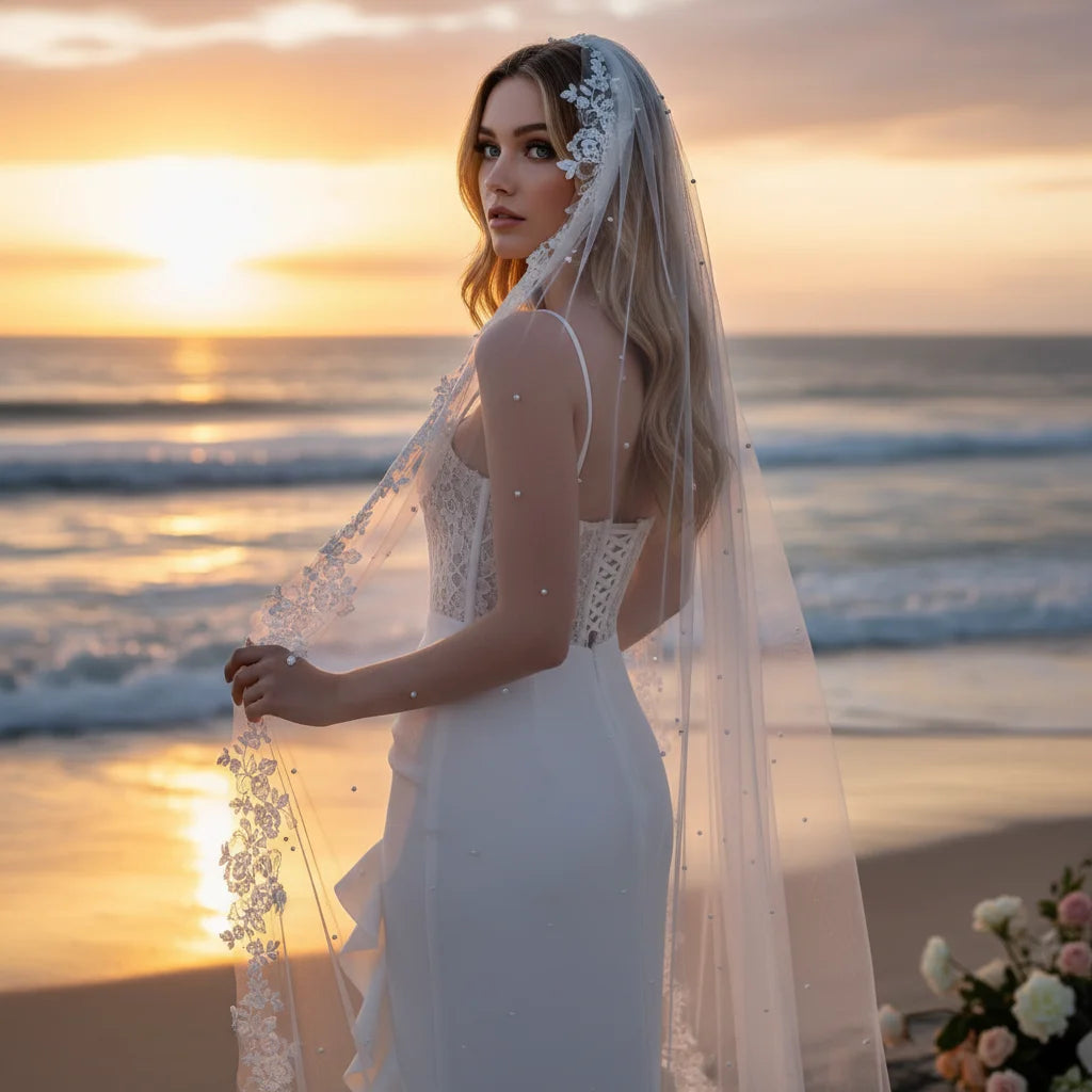 Luxury Wedding Veil for Bride White Tulle Bridal Headpiece with Floral Lace Applique & Pearl Embellishment