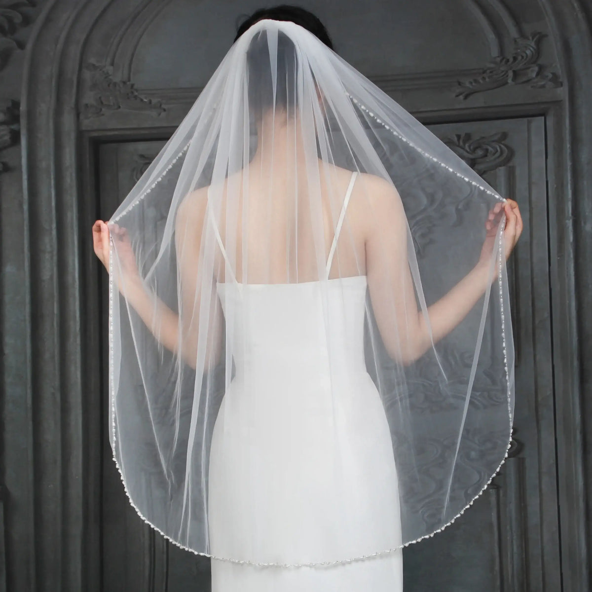 Handmade Pearl Beaded Bridal Veil - Luxury Fingertip Length Soft Tulle Wedding Veil with Delicate Edge Trim
