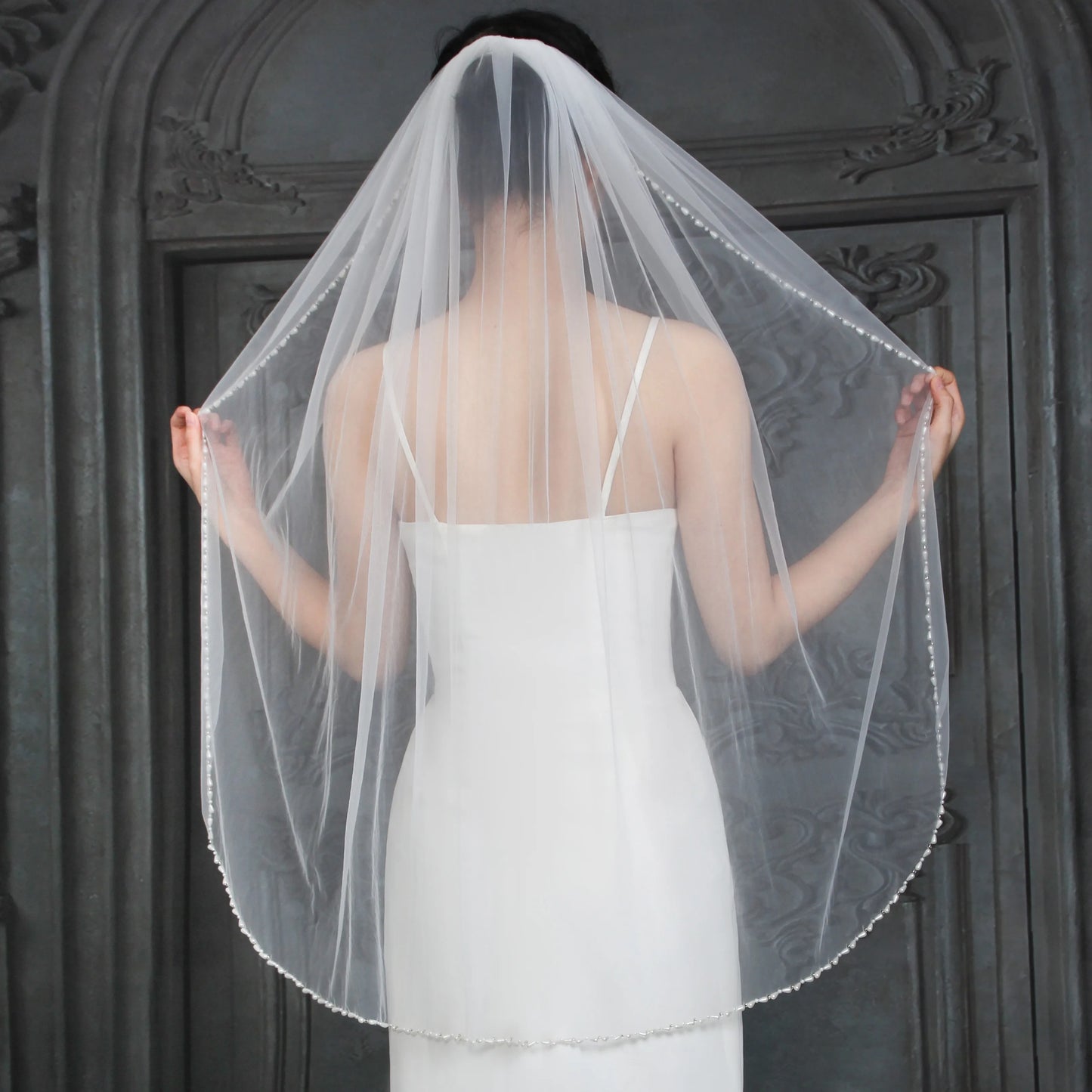 Handmade Pearl Beaded Bridal Veil - Luxury Fingertip Length Soft Tulle Wedding Veil with Delicate Edge Trim