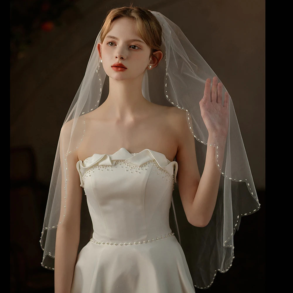 Exquisite Bridal Veil for Wedding Dress One-Layer Handmade Beading Edge