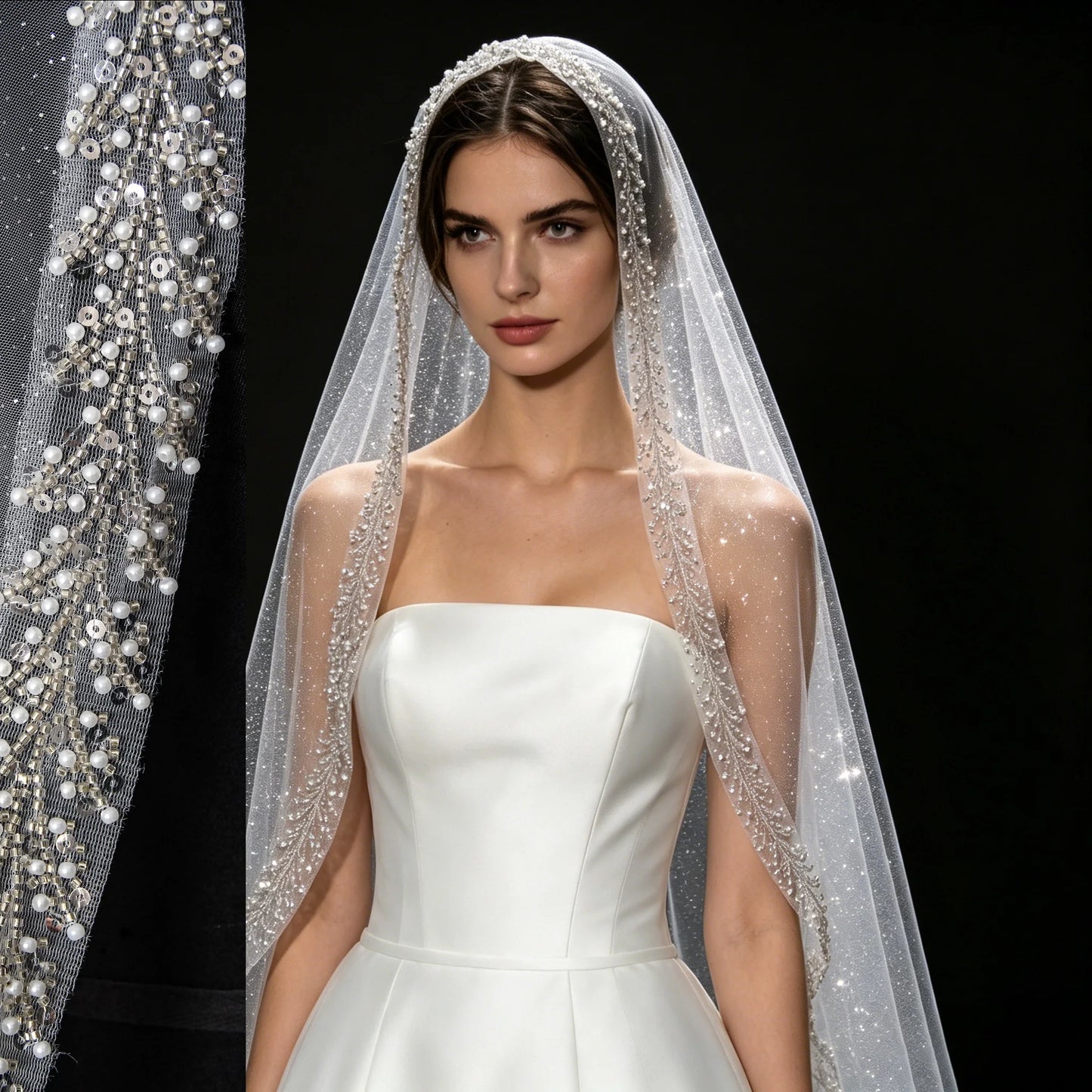 Bridal Veil with Pearl & Crystal Beads Edge 1 Tier Sheer Glitter Tulle Wedding Veil with Comb