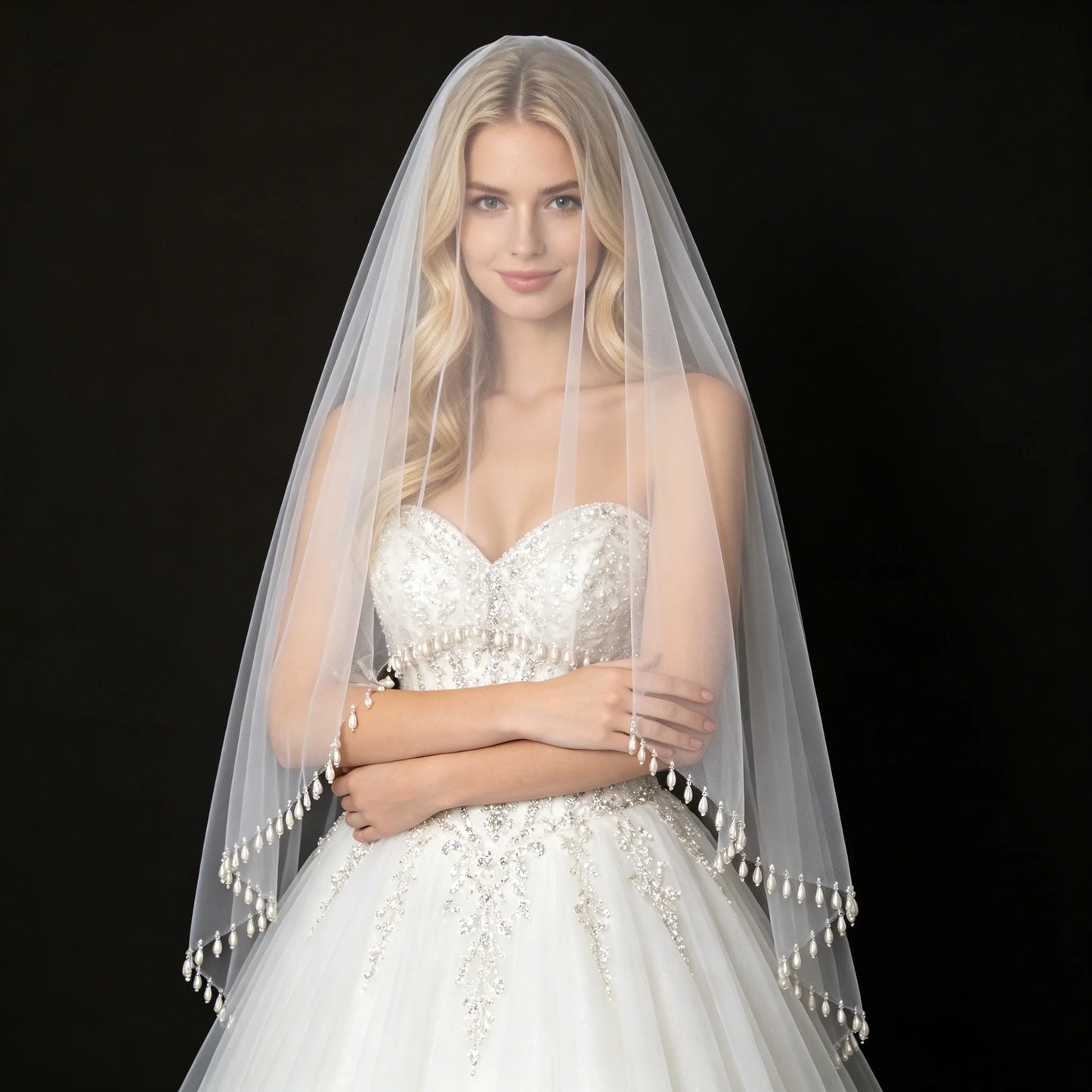 Teardrop Pearl Edge Wedding Veil 2 Tier Fingertip Length Soft Tulle with Comb