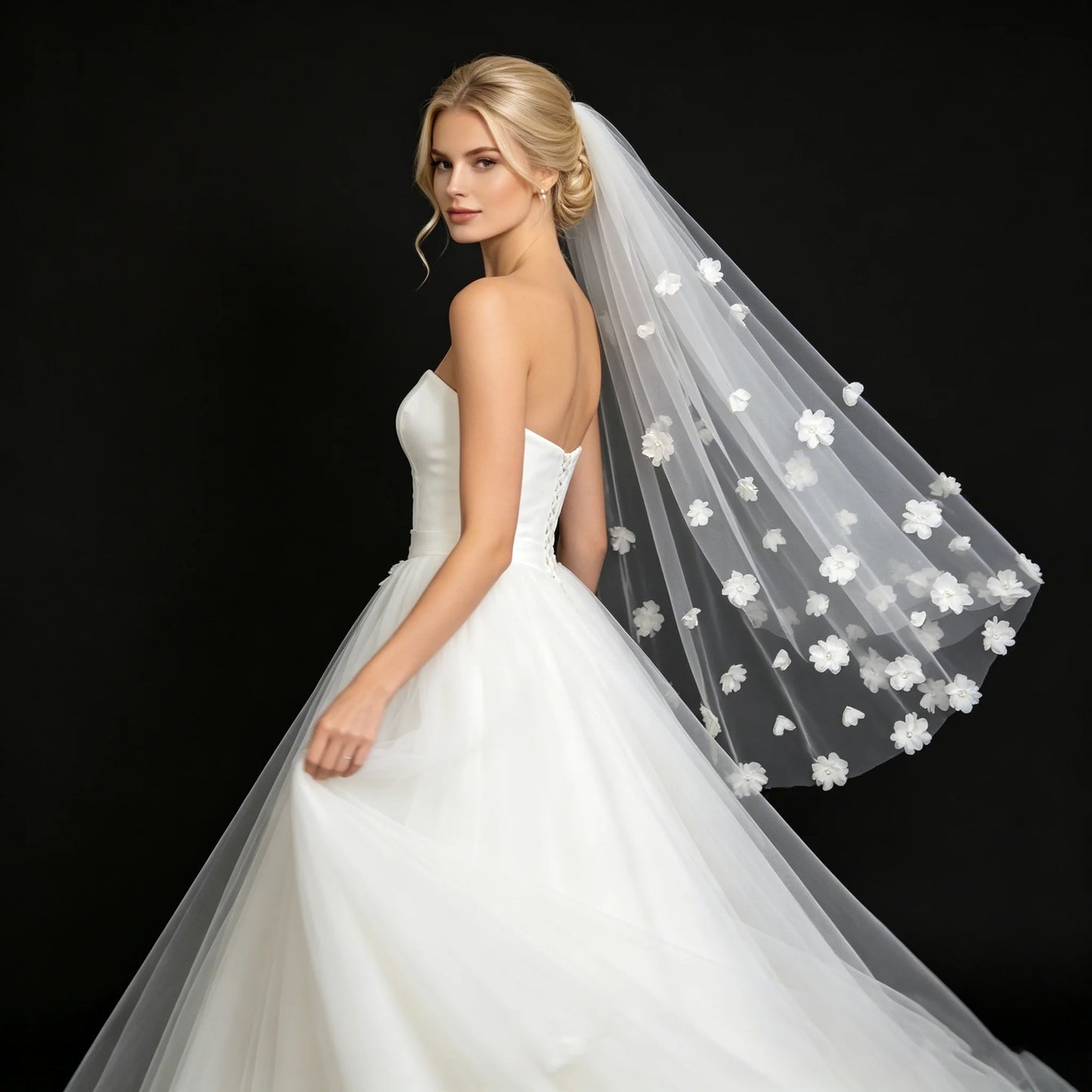 3D Flower Wedding Veil Hip Length Tulle Bridal Veil White Ivory Romantic Elegant