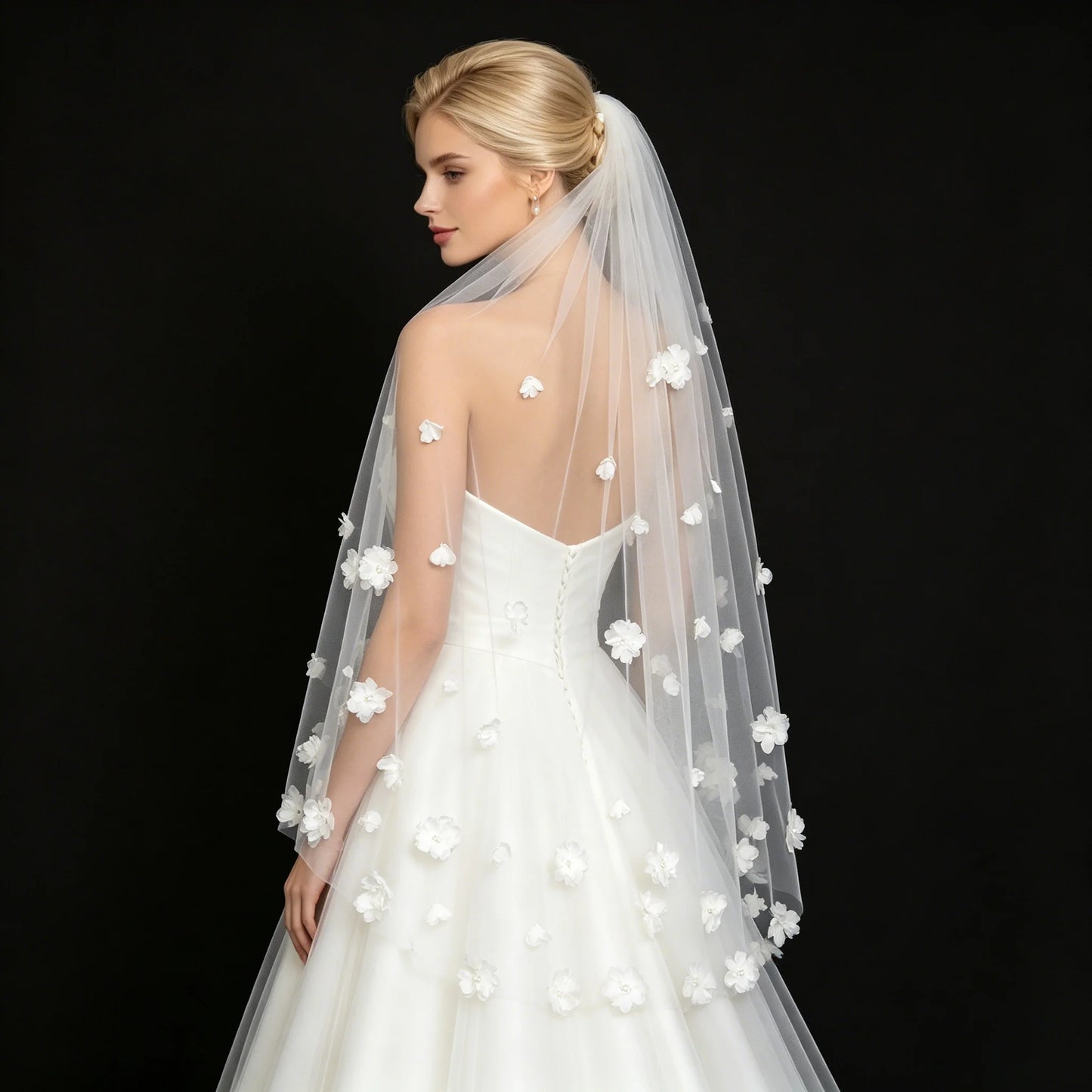3D Flower Wedding Veil Hip Length Tulle Bridal Veil White Ivory Romantic Elegant
