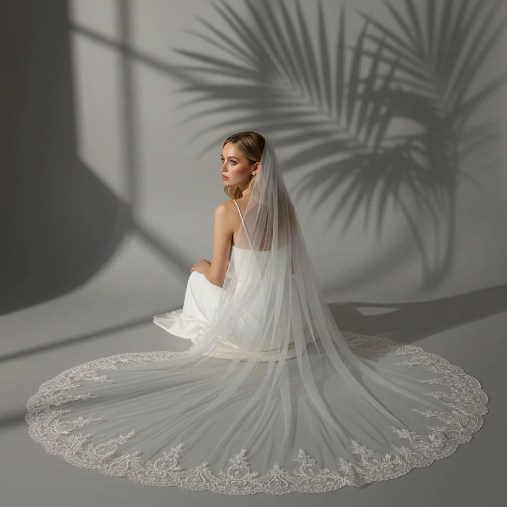 Cathedral Bridal Wedding Veil Lace Trimmed Luxurious 300cm Long Train